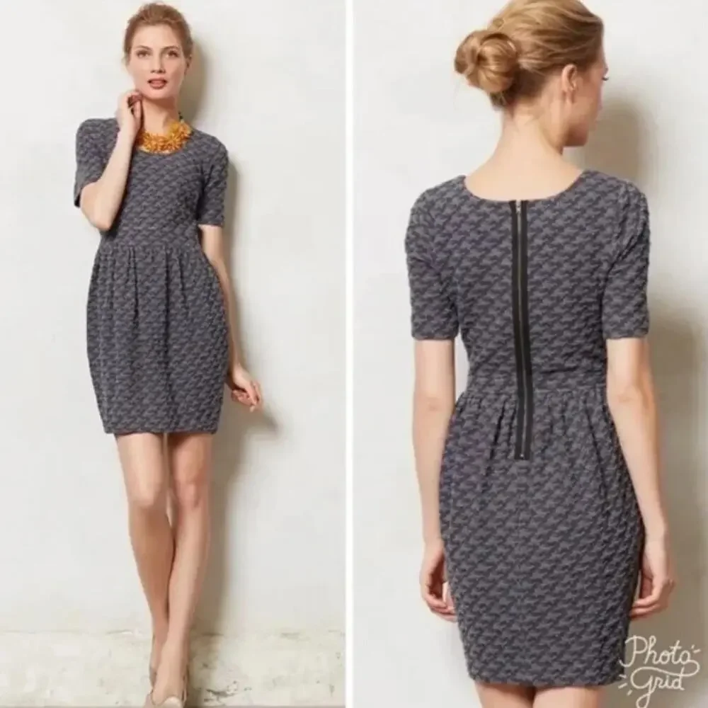 Ganni Athena Dress Womens Large Gray Houndstooth Textured Career Anthropologie